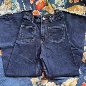 Zara High Waist Wide Leg Front-Pocket Denim Distressed Jeans